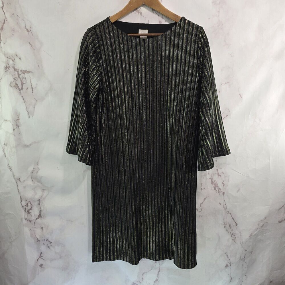 Chicos Dress Women 0 Small 4 Black Gold Striped Velvet Ribbed Metallic Flare